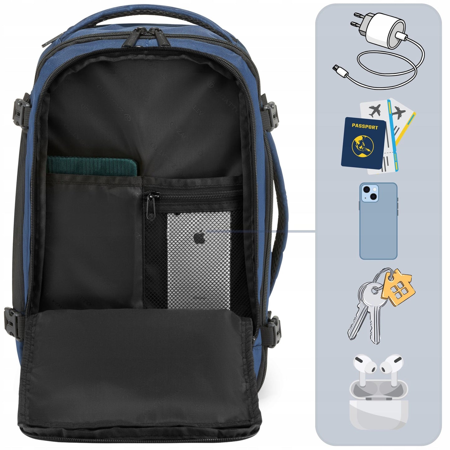 Compact Navy Blue Travel Backpack for Airplane | Fits Ryanair & WizzAir Free Carry-On | ZAGATTO®